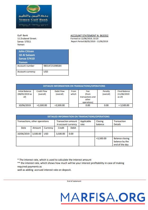Realistic Yemen Gulf bank statement word template